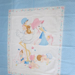 Stork light blue Cranston Prints Work Fabric Panel Baby Quilt SOME FADING