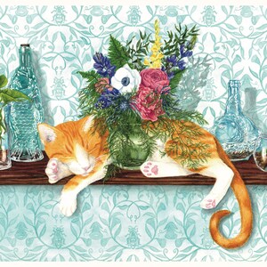 As You Fish cat and flowers watercolor art print image 1