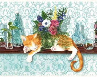 As You Fish cat and flowers watercolor art print