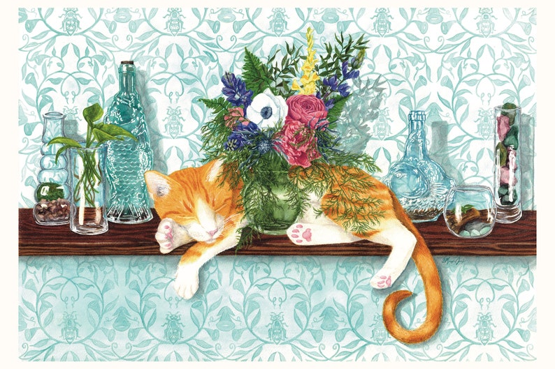 As You Fish cat and flowers watercolor art print image 1