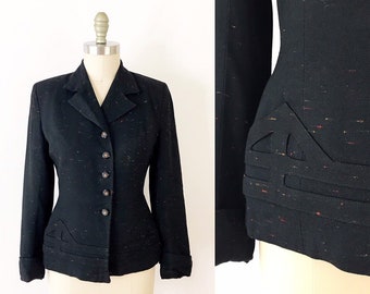 SIZE S 1940s Crepe Blazer Jacket / 40s Deep Navy Structured Deco Button Up Suit Coat / Vintage Marled Wool (?) Blazer S