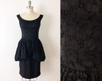 SIZE M Black 50s Dress, 1950s Black Floral Overlay Dress / 50s Bubble Peplum Scoop Neck Dress / Vintage Wiggle Deep V Back Dress