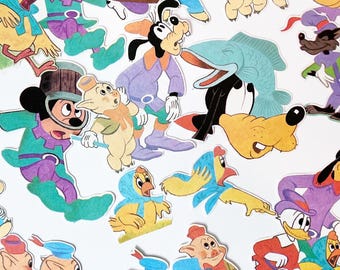 10 wyciętych obrazków z bajek Disneya - Vintage, wycinane obrazki Myszki Miki - Goofy Donald - Album ze wycinkami - wycinane maszynowo efemerydy - odzyskane