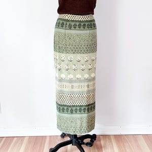 SIZE M / L 1990s Slinky Green Striped Maxi Skirt / 90s Stretchy Skirt with Side Slits / Floor Length Long Skirt