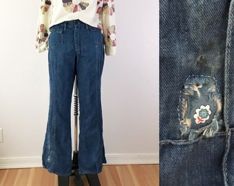 TALLA L 10 12 - 70s Bell Bottom Flare Leg Jeans - Lavado medio - Patchwork reparado parcheado - Windowpane Boho Wide Flare Denim