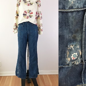 MAAT L 10 12 - 70s Bell Bottom Flare Leg Jeans - Medium Wash - Repaired Patchwork Patched - Windowpane Boho Wide Flare Denim