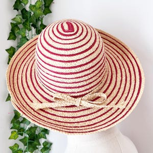 Vintage Straw Hat Wide Brim with Red Stripes / Cute Cottagecore Gardening Hat / Nautical Raffia Beach Hat with Bow Kathy Jeanne Millinery