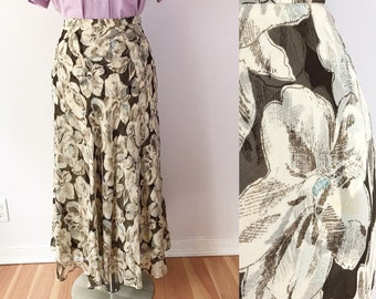 SIZE 16 / 1X Vintage Brown Floral Midi Skirt - Swishy Vintage Neutral Skirt - Silk Plus Size Vintage Skirt Midi