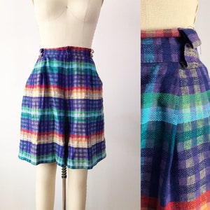 SIZE M 1980s High Waisted Plaid Shorts 80s High Rise Rainbow Plaid Shorts Romantic Academia Summer Bermuda Shorts image 1