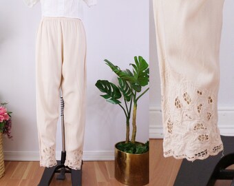 SIZE L Surya Pale Pink Rayon Joggers with Cutwork Cuffs - Pink Elastic Waist Pants - Romantic Boho Style