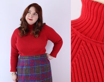 SIZE L 1990s Cherry Red Ribbed Turtleneck Pullover - Cotton Ribbed 90s Knit Sweater - Long Sleeve Ribbed Turtleneck