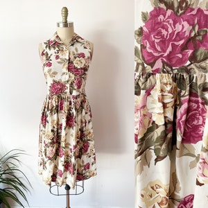 SIZE XS/S Pink Rose Floral Dress, 1990s Vintage 80s Rayon Sun Dress - Babydoll Shirt Dress Pearl Buttons