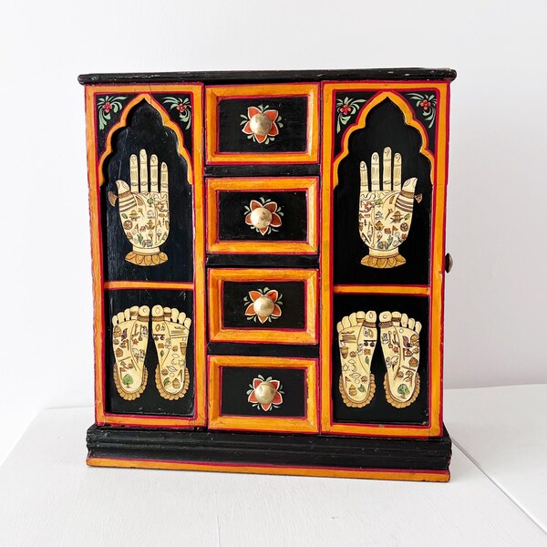 Vintage India Hand Painted Folk Art Chest of Drawers / Tantric Palmistry Storage Cabinet / Vintage Small Cabinet / Wood Sewing Notions Chest