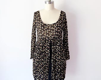 Danielle Karen Mini Dress Black Floral 90s Vintage Babydoll Sheer Scoop Neck OS