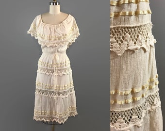1970s Gauze and Crochet Off the Shoulder Dress / 70s Flutter Sleeve Capelet Dress / Vintage Crochet Festival Dress