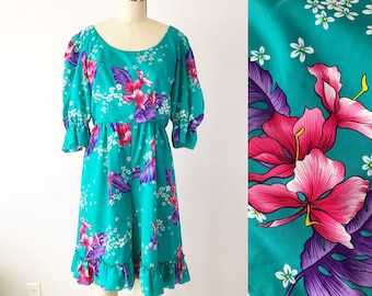 SIZE S 70s Hawaiian Floral Jumpsuit - 1970s Mod Blue Maxi Romper - Ruffle Hibiscus Muumuu Deep Scoop Play Suit