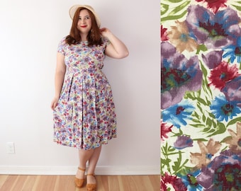 SIZE M/L Vintage 50s Floral Fit N Flare Fall Dress - Bill Sims Purple Flower Print in 100% Cotton - Pockets A Line
