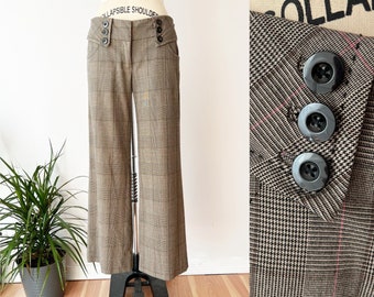 SIZE 4 Short Y2K 00s Vintage Wide Leg Plaid Trousers Tan Brown - Anthropologie Taikonhu Low Rise Pants