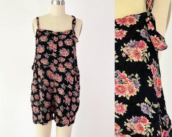SIZE M 1990s Floral Rayon Overalls / 90s Black Floral Overalls with Pockets / Dark Cottagecore