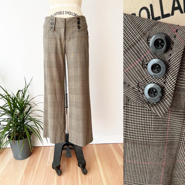 SIZE 4 Short Y2K 00s Vintage Wide Leg Plaid Trousers Tan Brown - Anthropologie Taikonhu Low Rise Pants