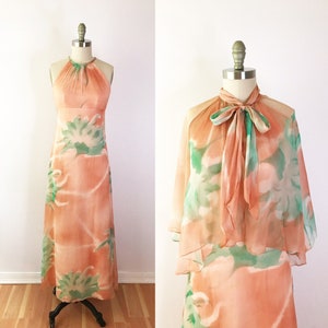 SIZE XS / XXS Vintage 1970s Peach Chiffon Floral Maxi Dress 70s Sheer Capelet Shawl Long Dress Orange Teal image 1