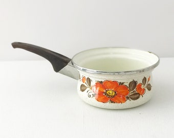 Vintage Sanko Ware Floral Enamel Pot - Orange and brown floral Sauce Pot - Japan Japanese Enamel Kitchenware 1970s Retro Floral