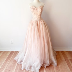 SIZE XXS / XS 1950s Floor Length Gown Baby Pink / 50s Frothy Prom Homecoming Dance Dress / Vintage Shelf Bust Strapless Princess Quinceanera