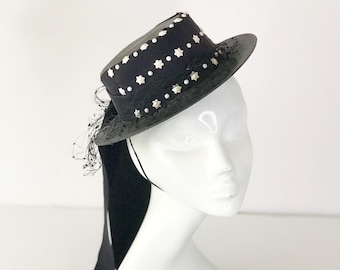 Vintage 1940s Straw Sailor Hat with Star Studs - Patriotic Black & White Dainty Fascinator - Unique Cap with Netting Mesh