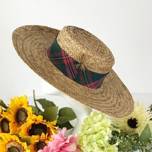 Wide Brim Plaid Boater Hat Wall Decor Vintage Hat Giant Brim Straw Hat image 1