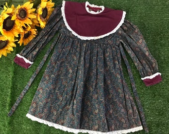 SIZE 3-4T 70s Paisley Prairie Girls Dress / Vintage Printed Green Dress with Round Collar / Toddler Dress 2T-4T