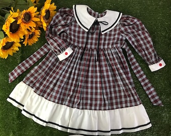 SIZE 2-3 Years Vintage Plaid Sailor Collar Dress - Vintage Plaid Holiday Christmas Dress - Plaid Back Button Girls Dress Children's Kids