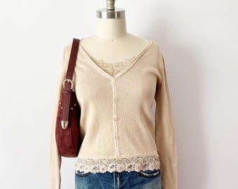 GRÖSSE M August Seide Strickjacke-Look Beige Gerippte Spitzenbesatz Seidenmischung Knopf Top