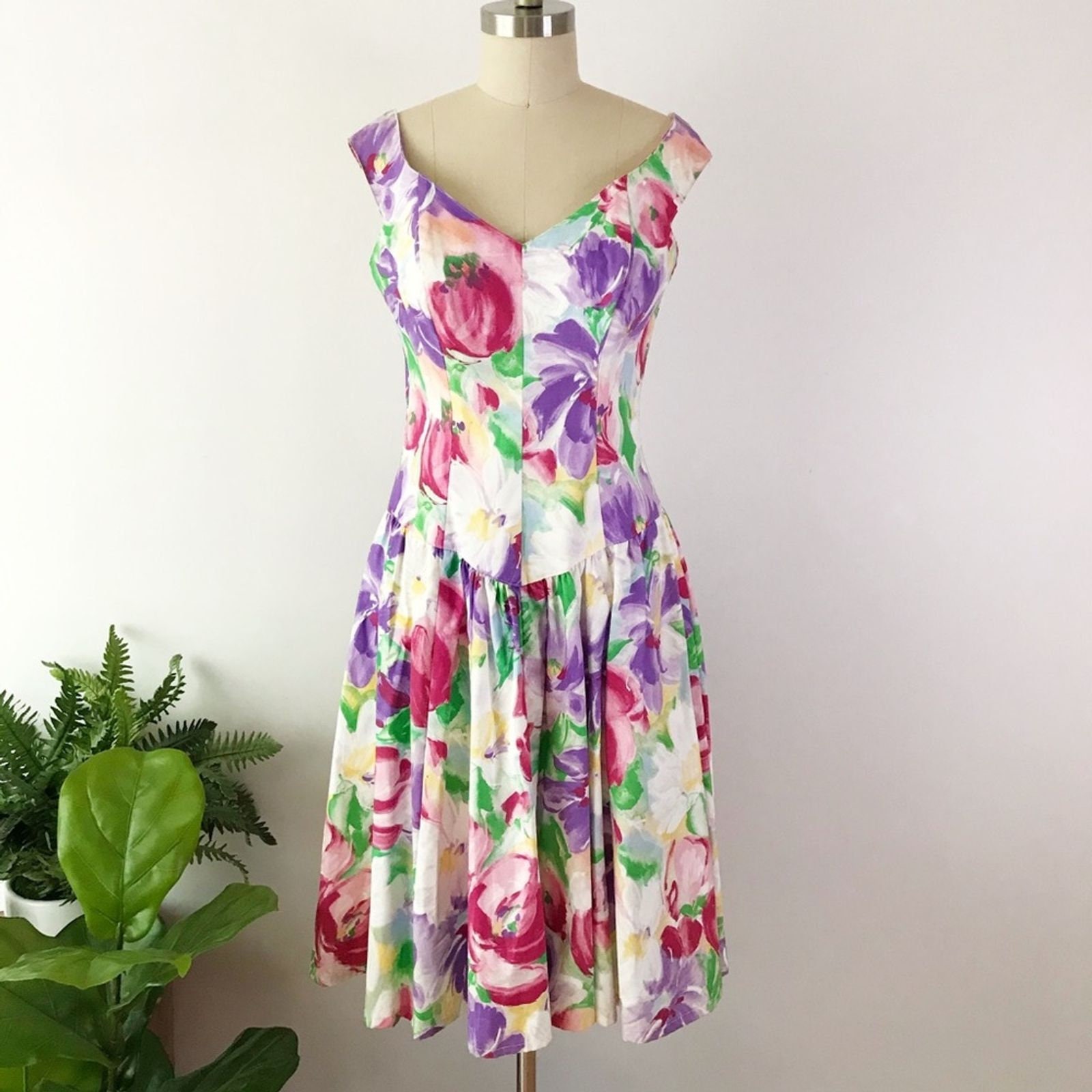 SIZE S Vintage Floral Pastel Fit Flare Dress Cotton 80s - Etsy Singapore