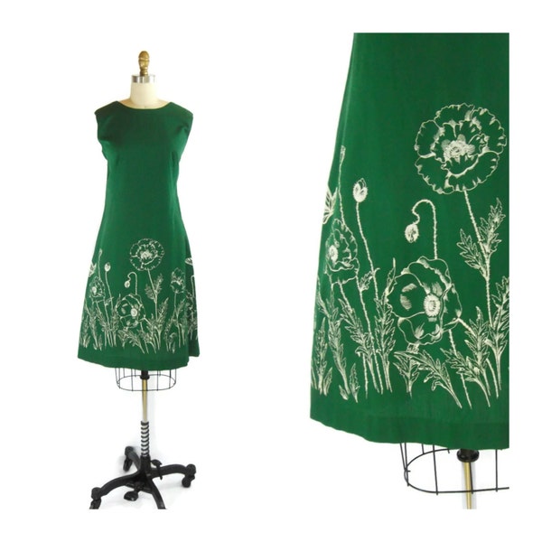 1960s Dress / 60s Dress / Emerald Green with White Flower Print / Nonette in the Garden Dress