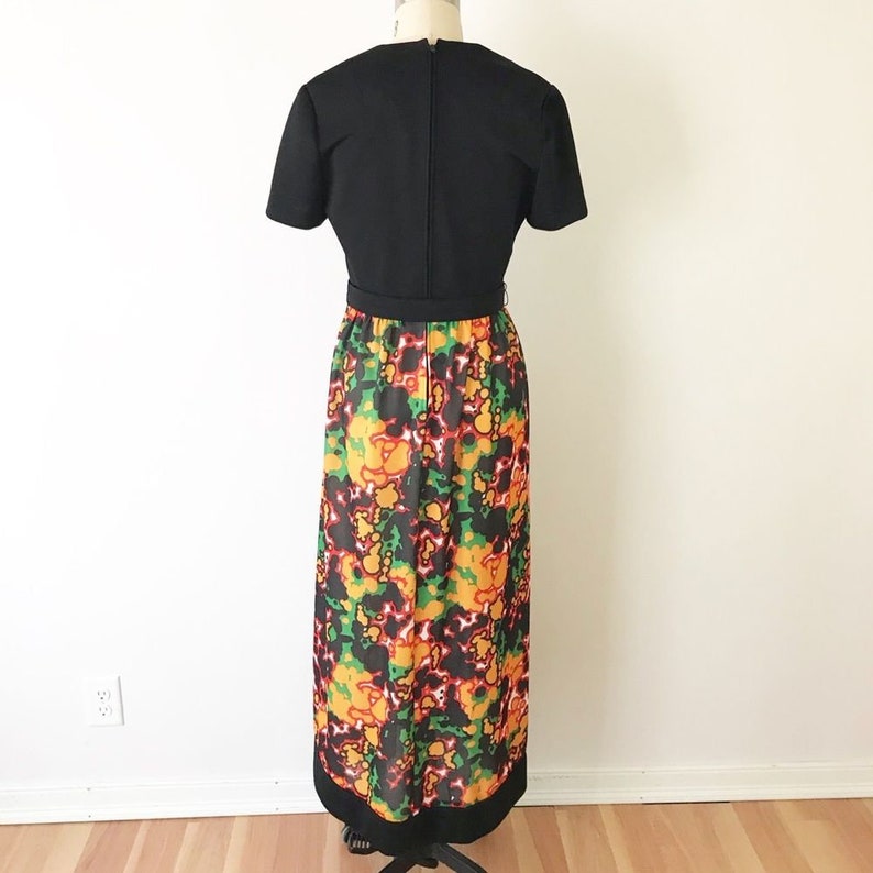 SIZE SM Vintage 1970s Black Maxi Dress Hostess Long V Neck