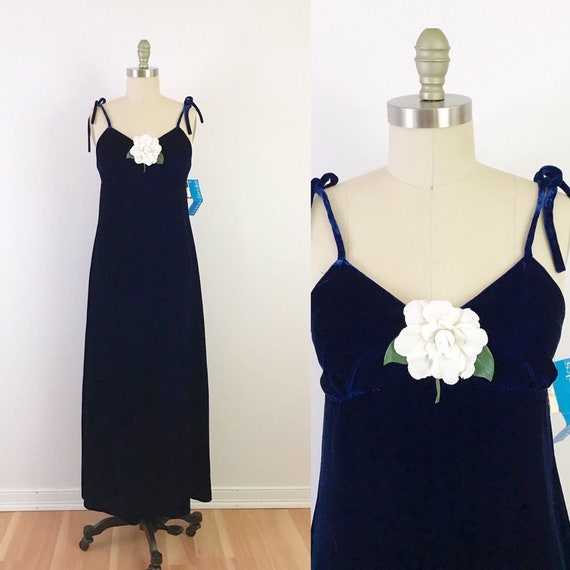 70s Blue Velvet Maxi Dress Luxe Boho Unique