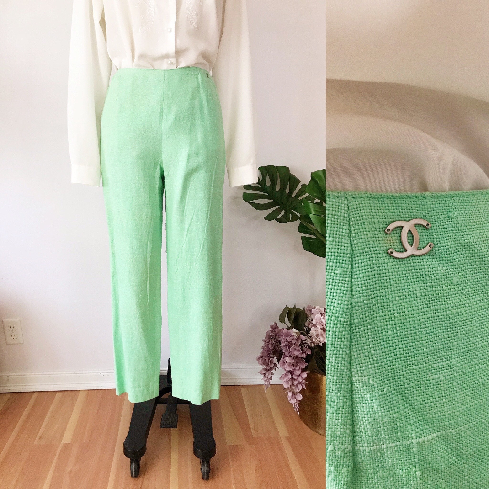 90s CHANEL Mint Green Silk Trousers Designer High Waist Slacks