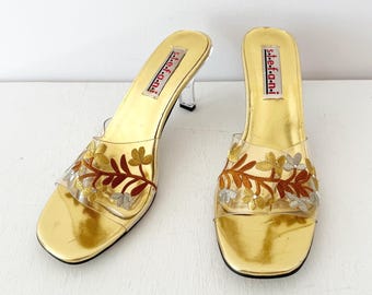 Stefani Mule Heels Gold Clear Floral Embroidery Lucite Kitten Heel Size 9M