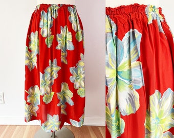 Size XL / 1X Vintage Tropical Floral Skirt - Rayon Floral Orange Midi Skirt - Drawstring Waist Boho Skirt - Size Extra Large Plus Size