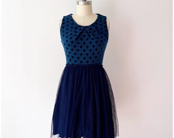 Small Anthropologie Sasonger Dress Navy Teal Polka Dot Tulle Skirt Sleeveless