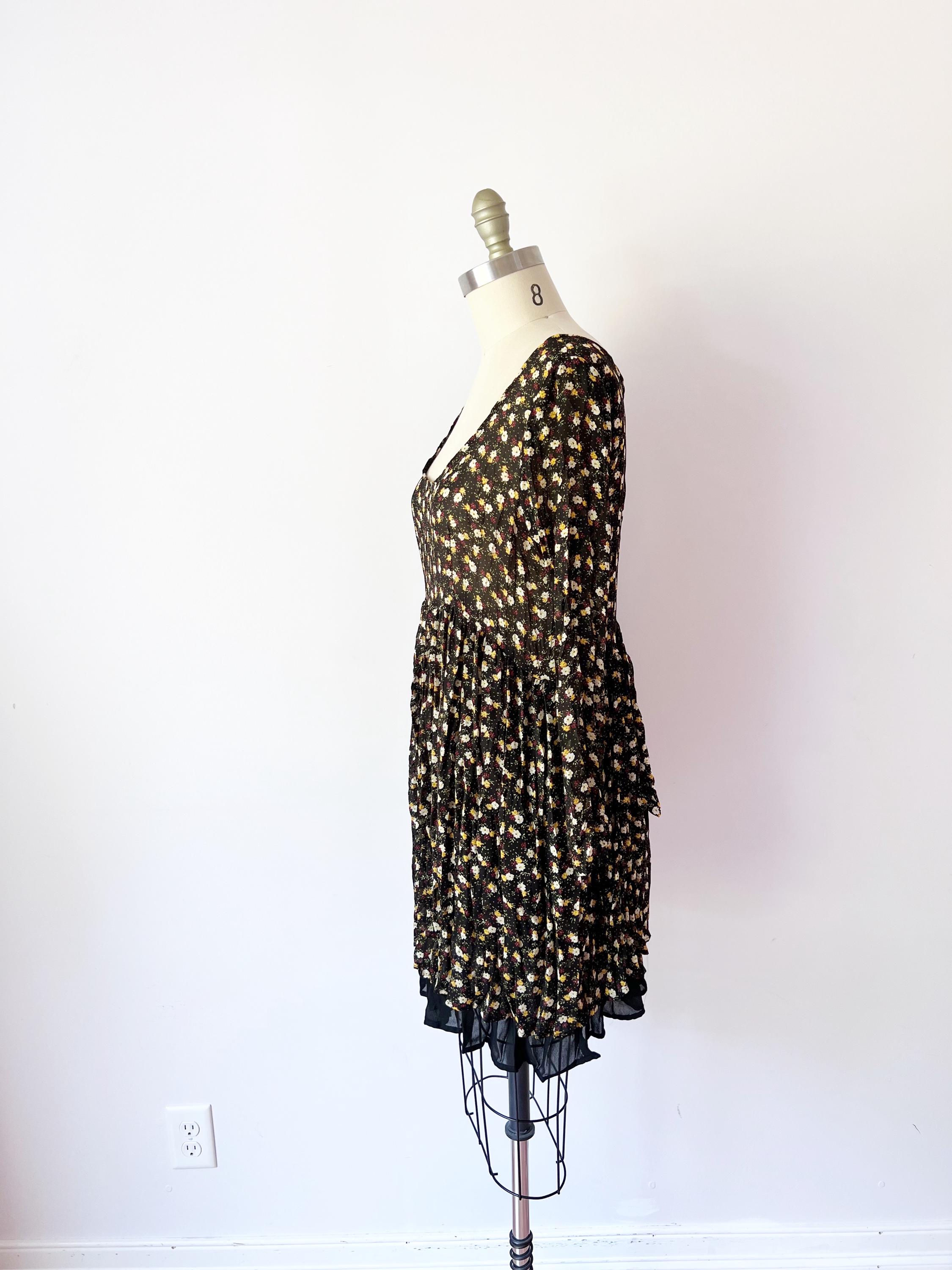 Danielle Karen Mini Dress Black Floral 90s Vintage Babydoll Sheer Scoop Neck OS