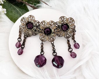 Vintage 1930s Brooch Purple Amethyst Glass Bead Dangle Brass Filigree Art Deco