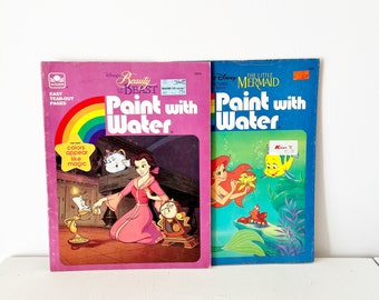 Vintage Disney Little Mermaid & Beauty and the Beast Paint with Water Book Golden 1990s