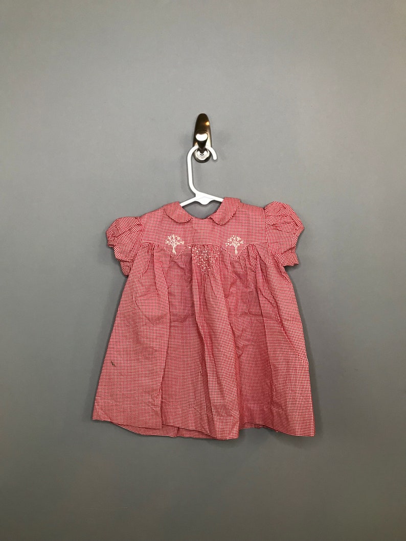 SIZE 12-18 Month 1950s Red Gingham Girls Dress Vintage Embroidered Peter Pan Collar Little Girls Dress Baby Girl Casual Dress
