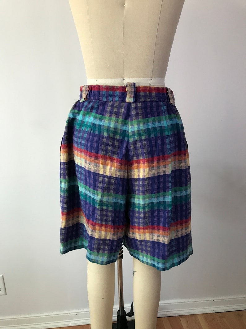 SIZE M 1980s High Waisted Plaid Shorts 80s High Rise Rainbow Plaid Shorts Romantic Academia Summer Bermuda Shorts image 7