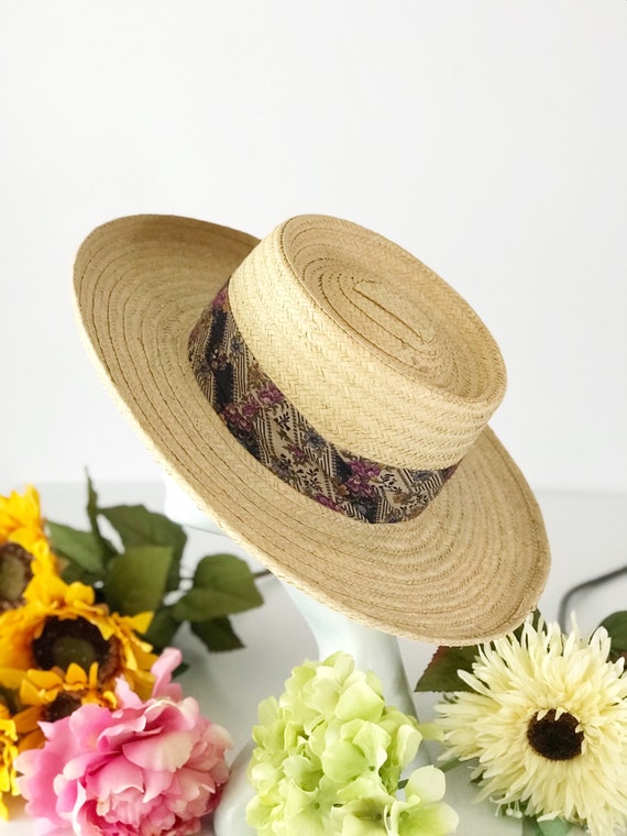 Vintage Straw Hat Wide Brim Floral Ribbon Cute Cot