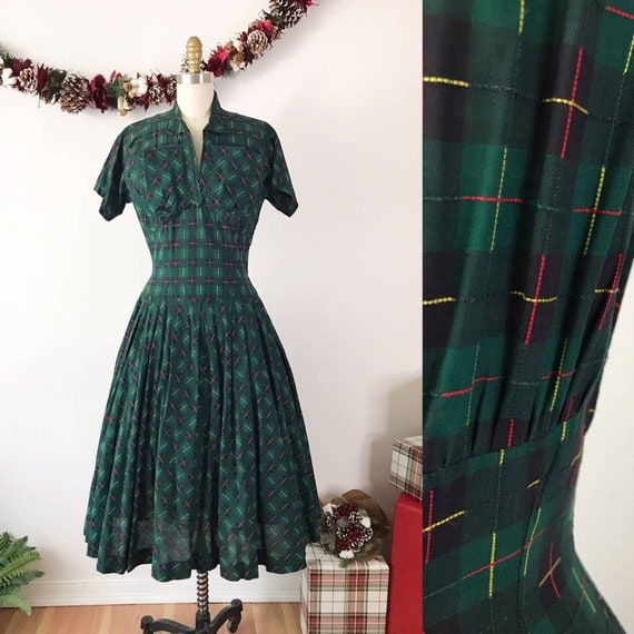 SIZE XS 1940s 50s Young Comopolitan Plaid Green Dr