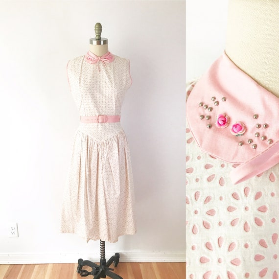 Size S/M 1950s Pink Eyelet Dress / 50s Pastel Pin… - image 1