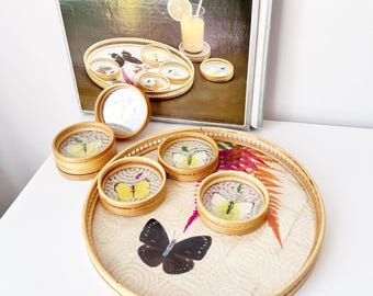 Bambus Untersetzer und Tablett Set Schmetterling Vintage Boho Rattan Entomologie