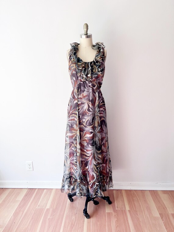jack bryan dress designer SIZE S/M Vintage 70s Geometric Maxi Dress - Ruffle Chiffon Dress - Floor  Length Purple and Gray Dress Ruffle Front Jack Bryan Designer